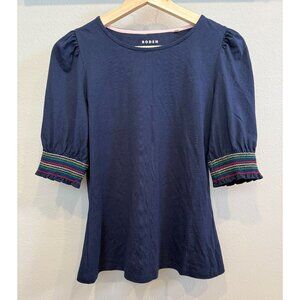 Boden Women's Pullover Navy Blue Smocked Short Sleeve Blouse Size 4 Preppy